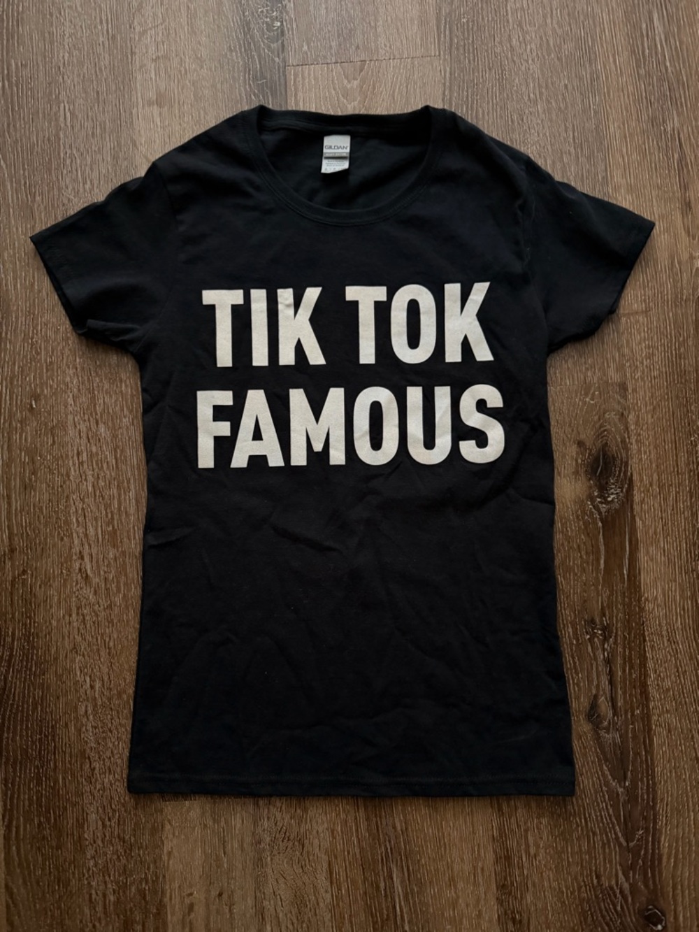 New! Tik Tok Famous Black Short-Sleeve Graphic Tee with White Bold Text